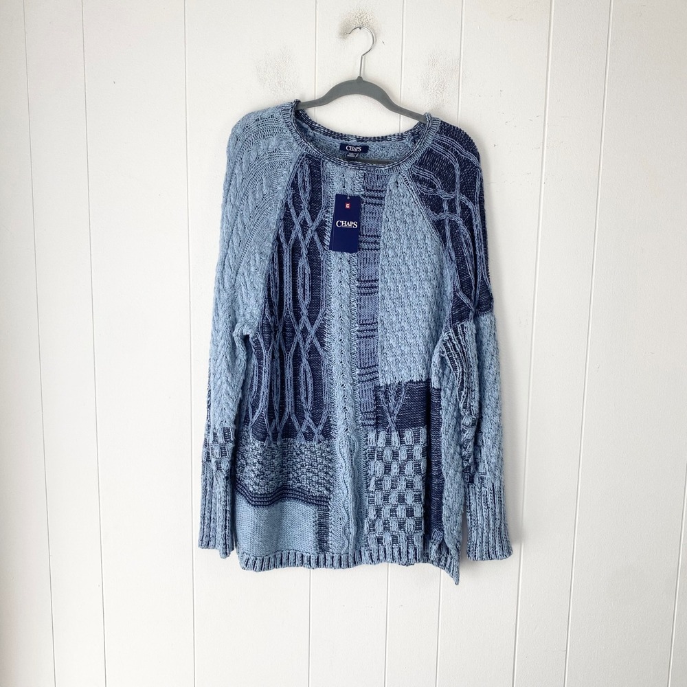 NWT Chaps XXL Indigo Blue Patchwork Cable Knit Crewneck Sweater Tunic